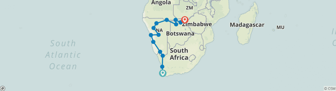 Image of a map showing the route of the tour