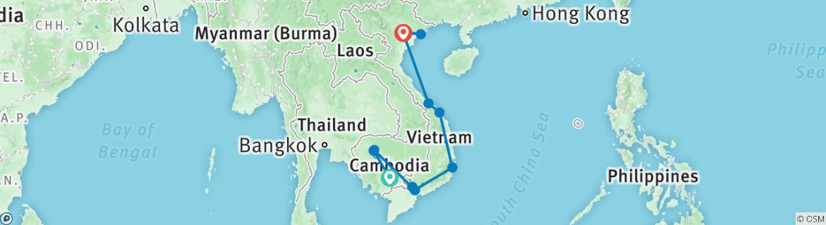 Image of a map showing the route of the tour