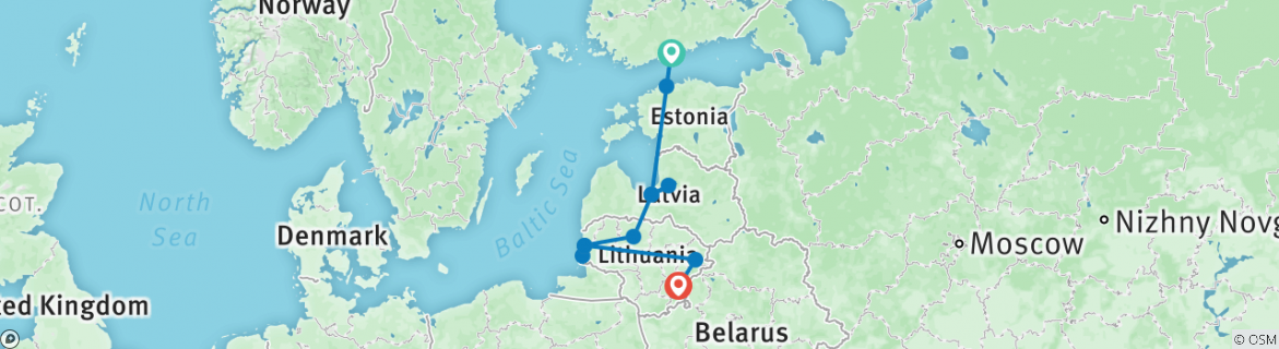 Image of a map showing the route of the tour