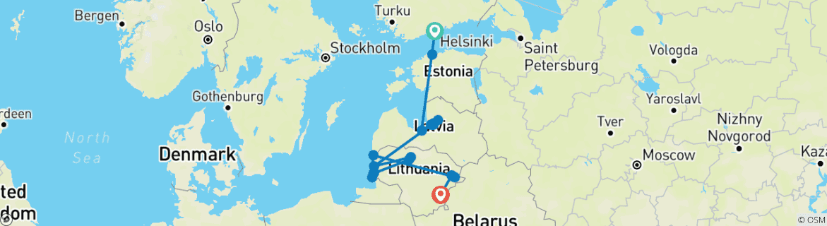Carte du circuit L'expérience de la Baltique (from Helsinki to Vilnius)