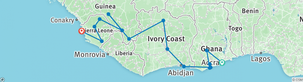 Image of a map showing the route of the tour