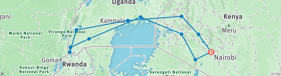 Image of a map showing the route of the tour