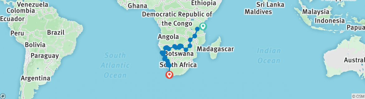 Image of a map showing the route of the tour