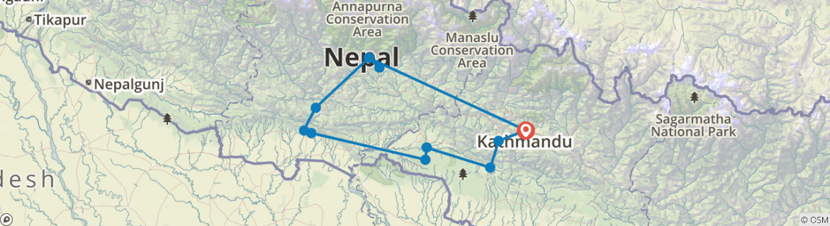 Image of a map showing the route of the tour