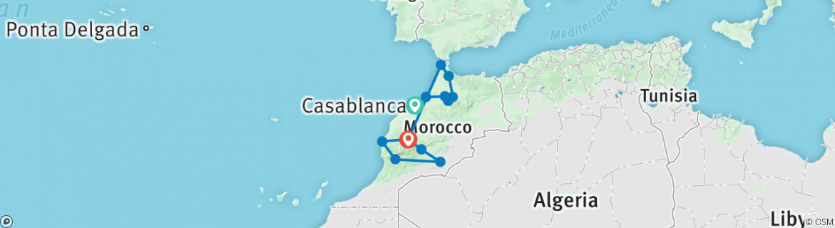 Image of a map showing the route of the tour