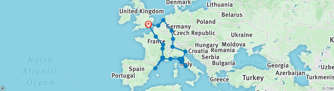 Image of a map showing the route of the tour