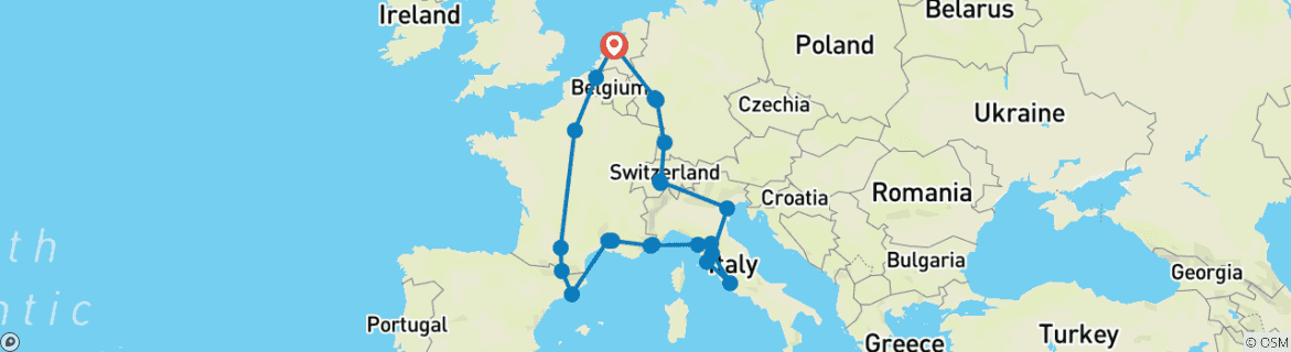 Image of a map showing the route of the tour