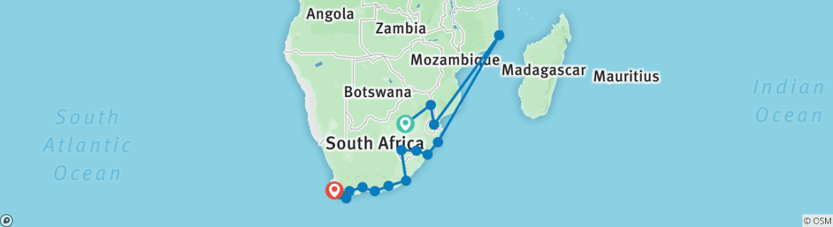 Image of a map showing the route of the tour