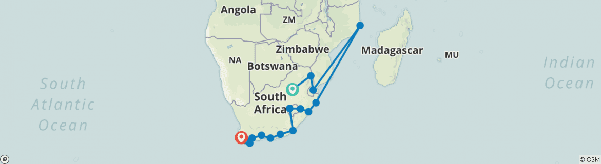 Image of a map showing the route of the tour