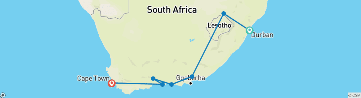 Image of a map showing the route of the tour