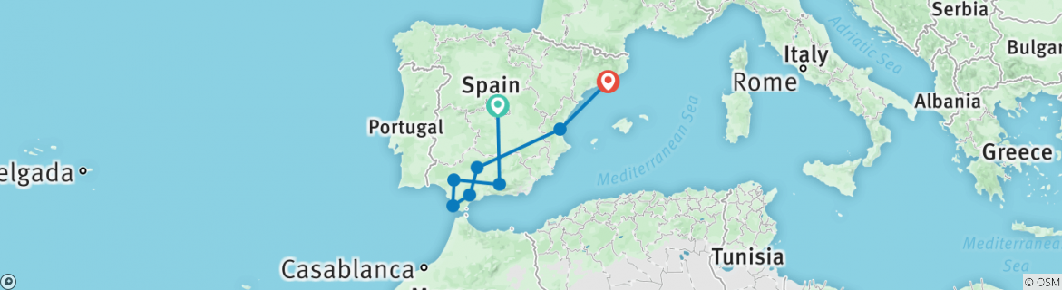 Image of a map showing the route of the tour