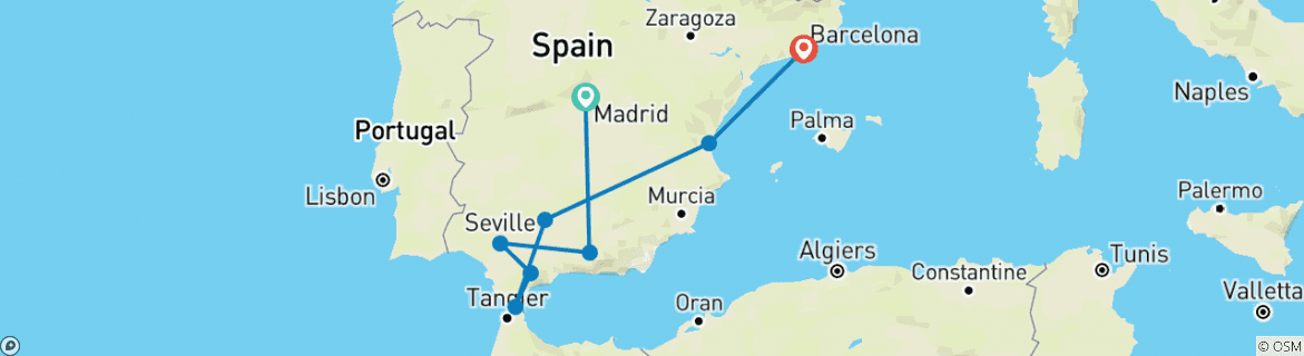 Image of a map showing the route of the tour