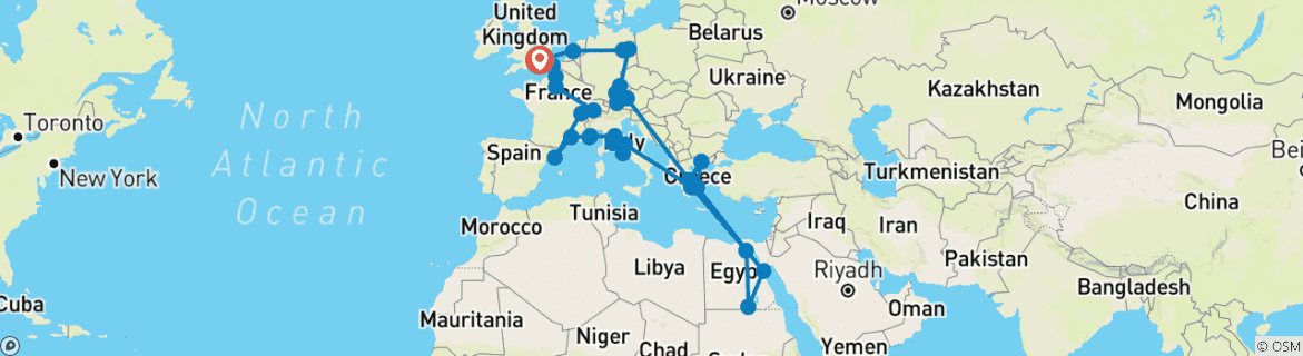 Image of a map showing the route of the tour