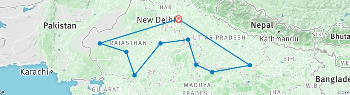 Image of a map showing the route of the tour
