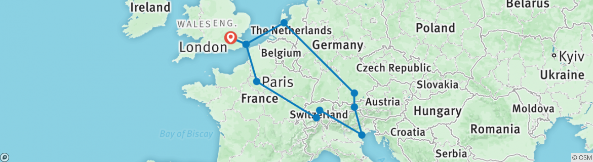 Image of a map showing the route of the tour