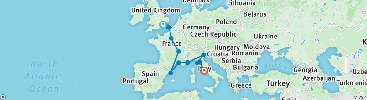 Image of a map showing the route of the tour