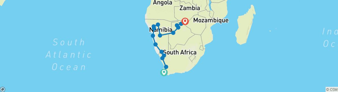 Image of a map showing the route of the tour
