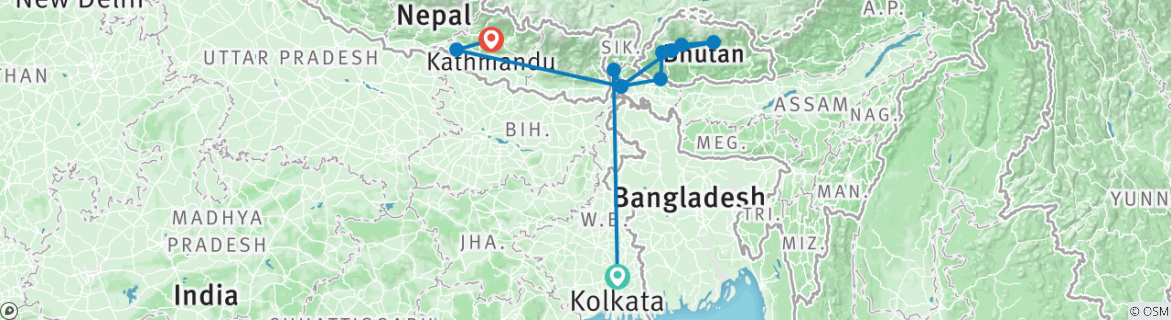 Image of a map showing the route of the tour