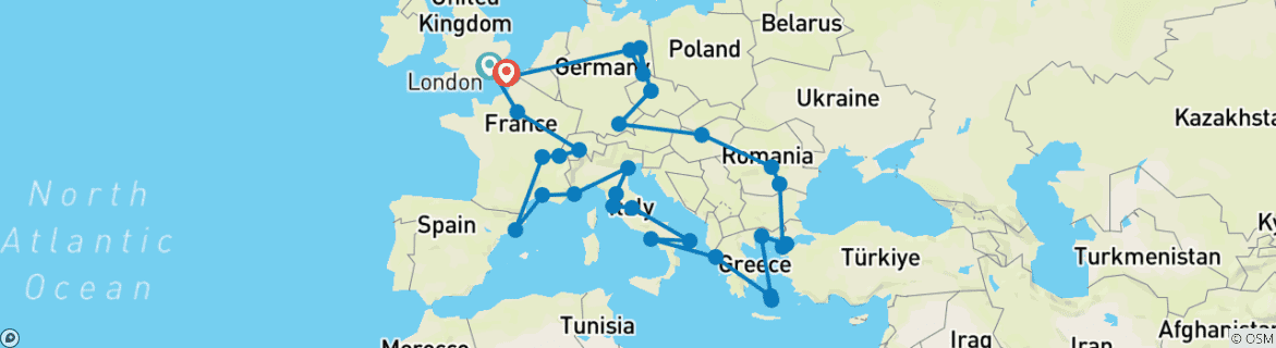 Image of a map showing the route of the tour