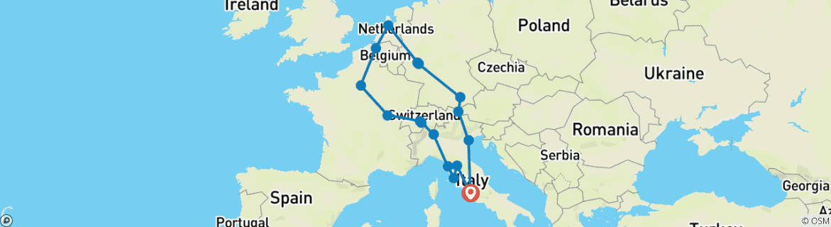 Image of a map showing the route of the tour