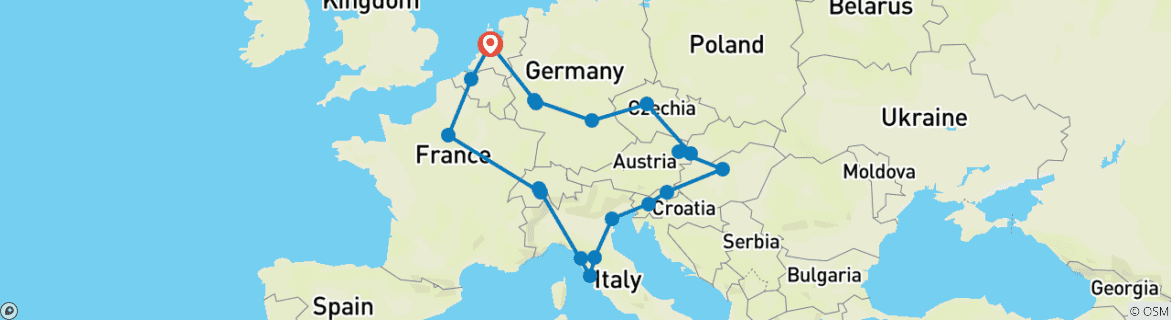 Image of a map showing the route of the tour