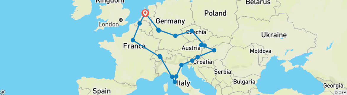 Image of a map showing the route of the tour