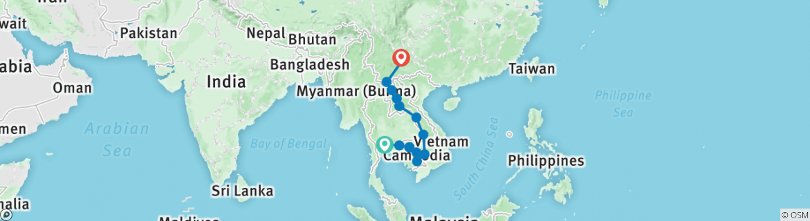 Image of a map showing the route of the tour