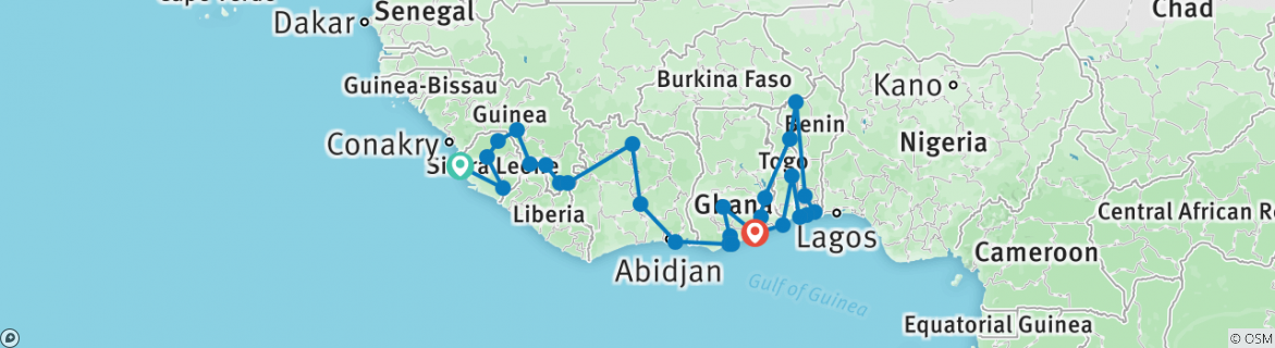 Image of a map showing the route of the tour