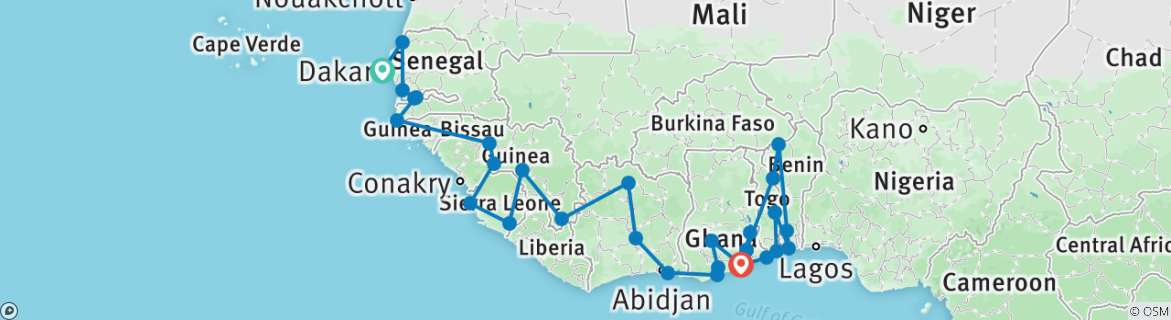 Image of a map showing the route of the tour