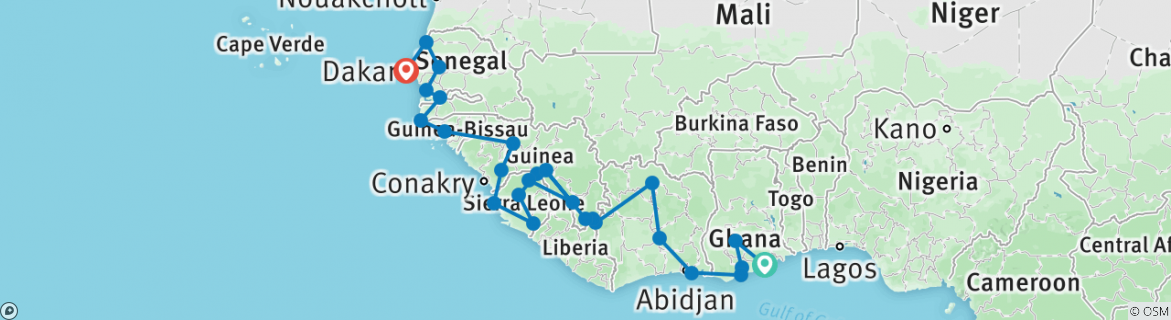 Image of a map showing the route of the tour