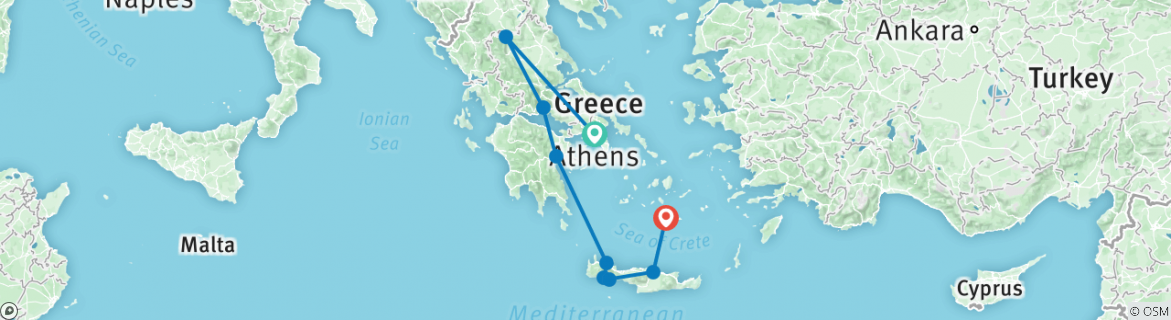 Image of a map showing the route of the tour