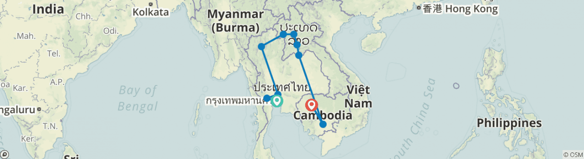 Image of a map showing the route of the tour