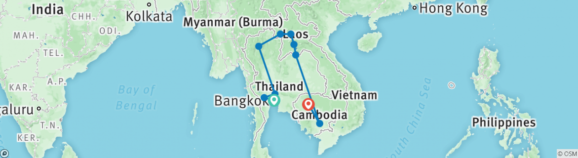 Image of a map showing the route of the tour