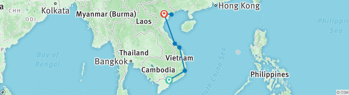 Image of a map showing the route of the tour