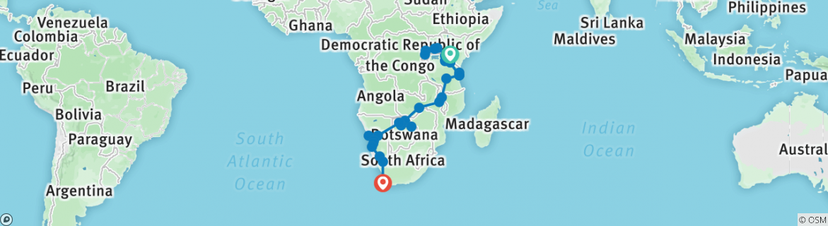 Image of a map showing the route of the tour