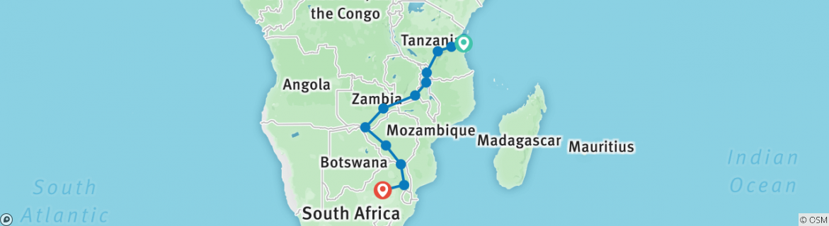 Image of a map showing the route of the tour
