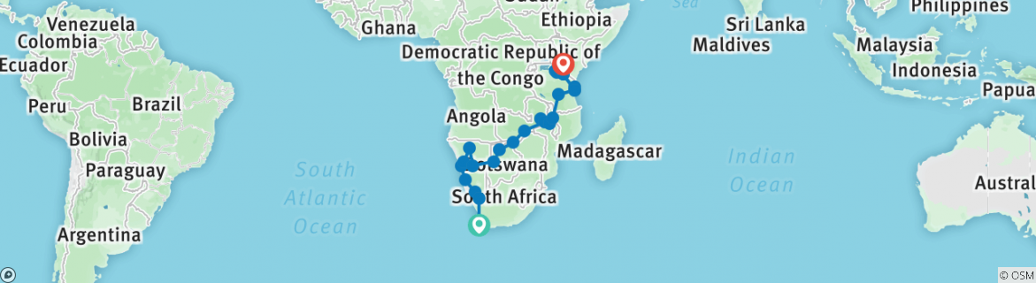 Image of a map showing the route of the tour