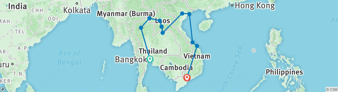 Image of a map showing the route of the tour