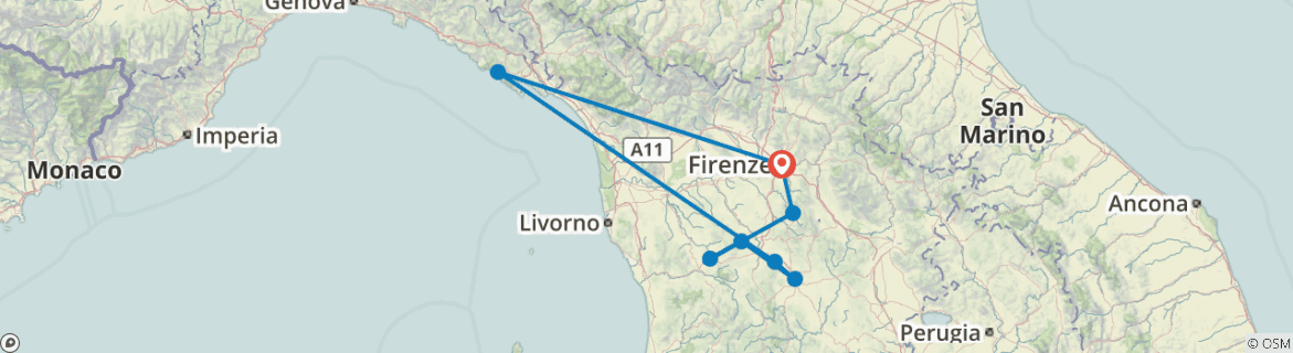 Image of a map showing the route of the tour