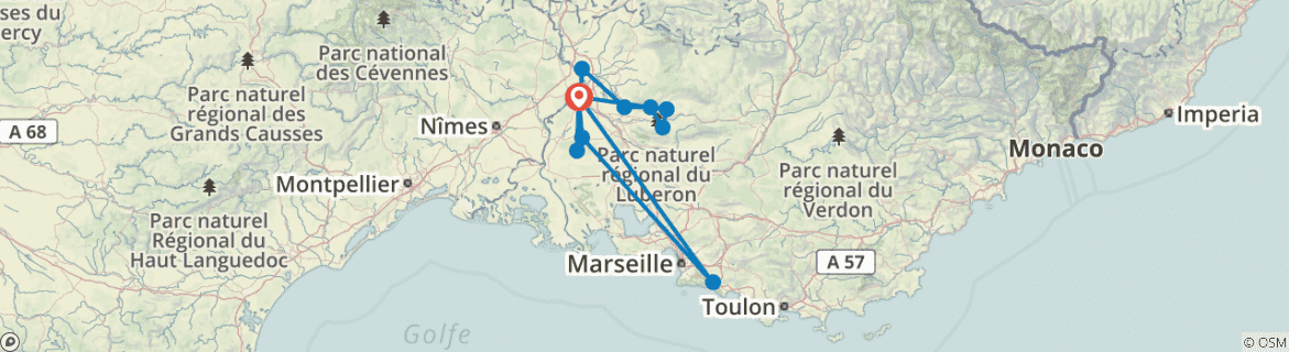Image of a map showing the route of the tour