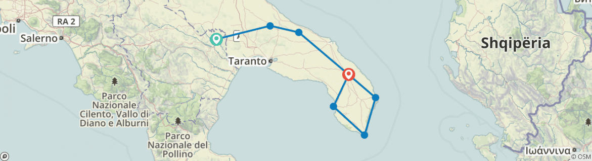 Image of a map showing the route of the tour