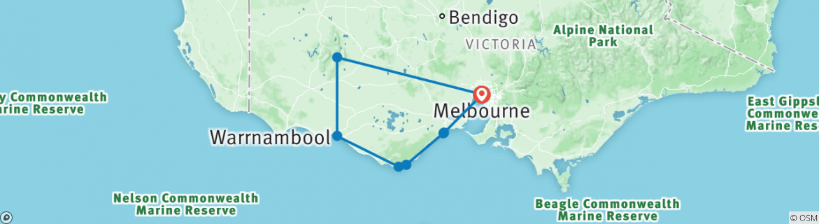 Image of a map showing the route of the tour