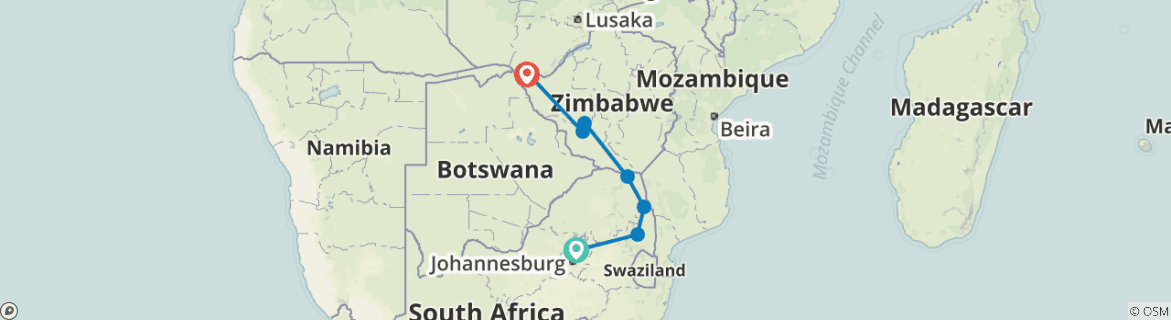 Image of a map showing the route of the tour
