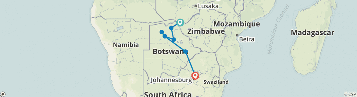 Image of a map showing the route of the tour