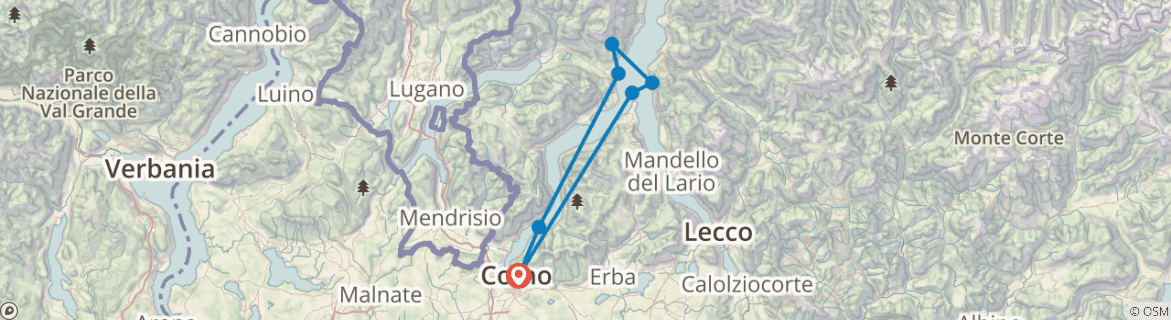 Image of a map showing the route of the tour