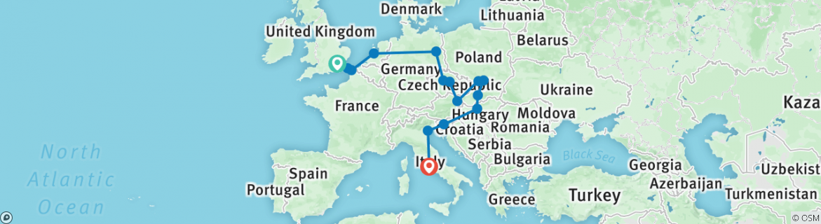 Image of a map showing the route of the tour