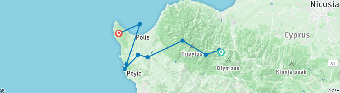 Image of a map showing the route of the tour