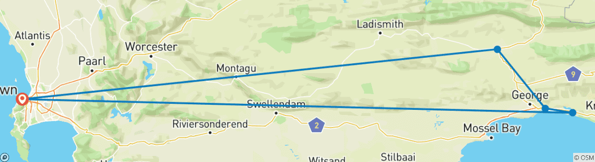 Image of a map showing the route of the tour