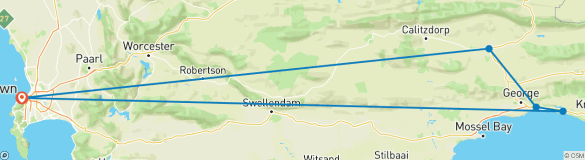 Carte du circuit Route des jardins + Safari au départ du Cap - 3 jours