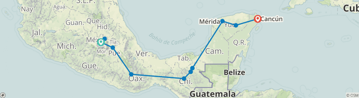 Image of a map showing the route of the tour